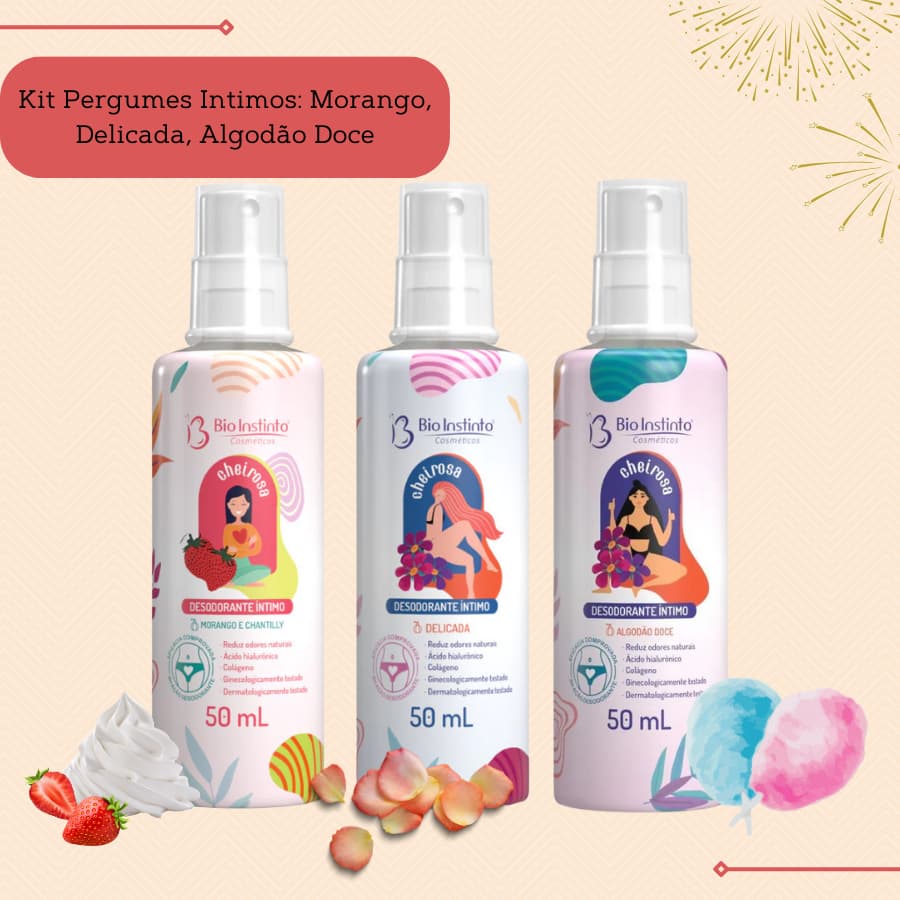 Kit 3 Perfumes Íntimos 50ml Delicada + Morango + Algodão Doce - Bio Instinto