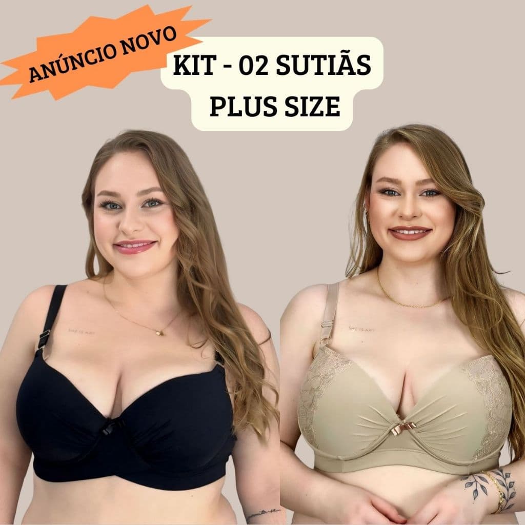 KIT 02 Sutiãs Plus Size Microfibra Reforçado Com detalhe em Renda e Com Bojo Liso NICOLE/ CAROL.