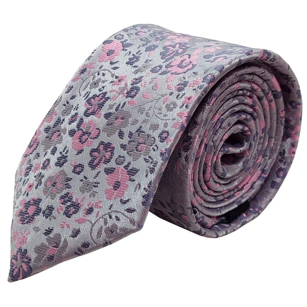 Gravata Semi Slim Cinza Floral Rosa