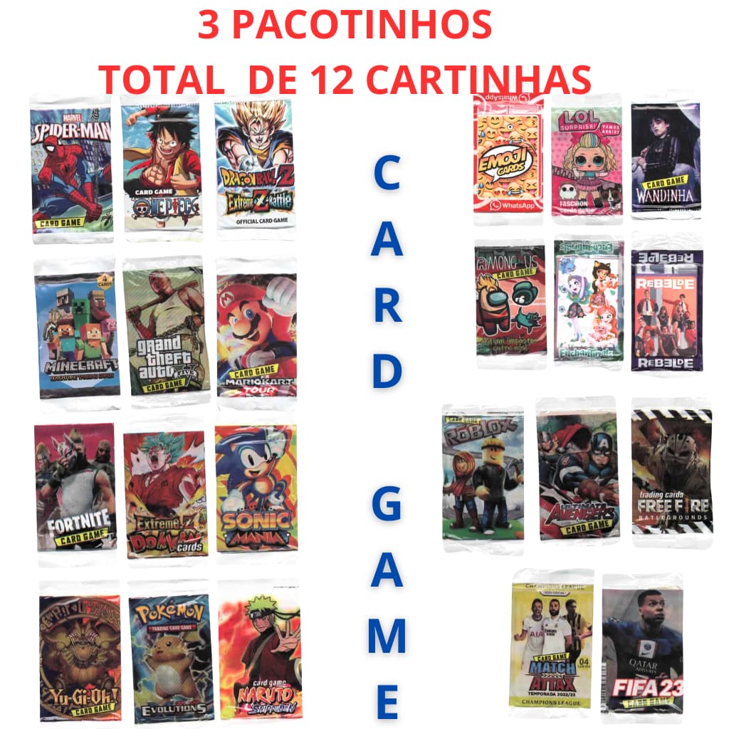 KIT 12 CARTINHAS ALEATÓRIAS DE CARD GAME - 3 PACOTINHOS C/ 4 CARTAS EM CADA