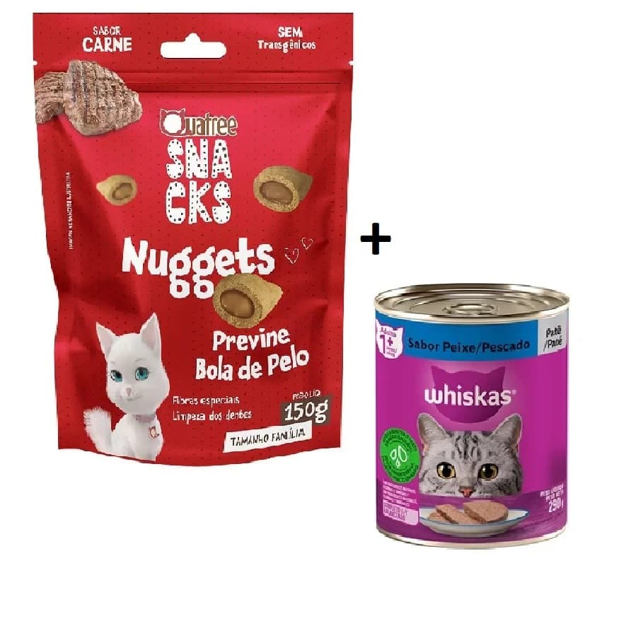 Kit Petiscos Snacks Gato Quatree Nuggets Bola De Pelo 150g e Whiskas lata patê 290g peixe