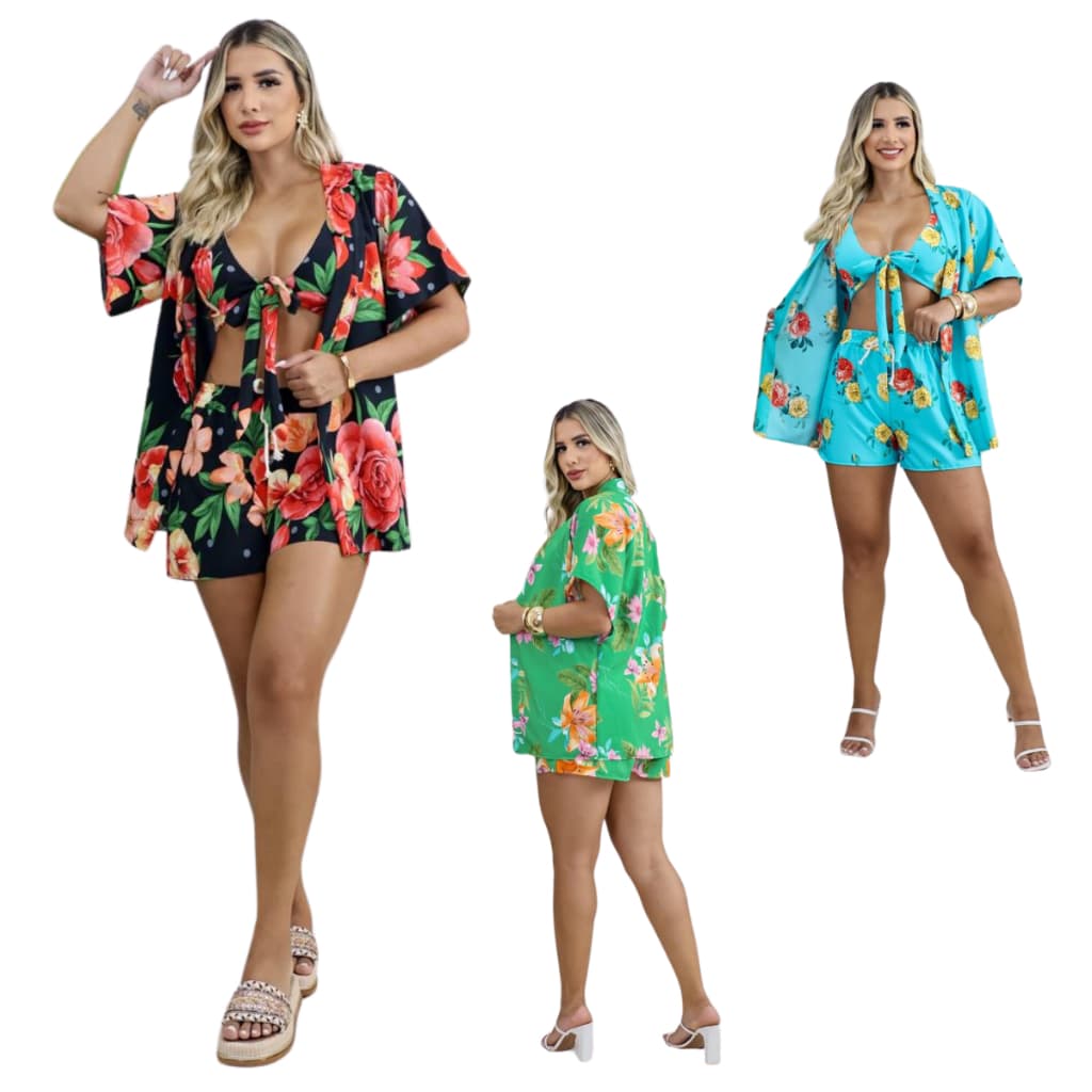 Conjunto 3 Peças Kimono + Short + Top Saida De Praia