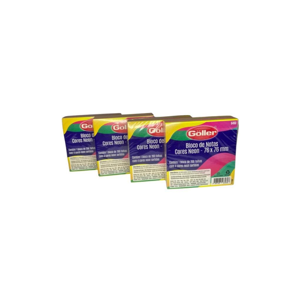 Bloco de notas 200 folhas c/ 4 cores neon sortidas 76x76 mm sticker adesivo