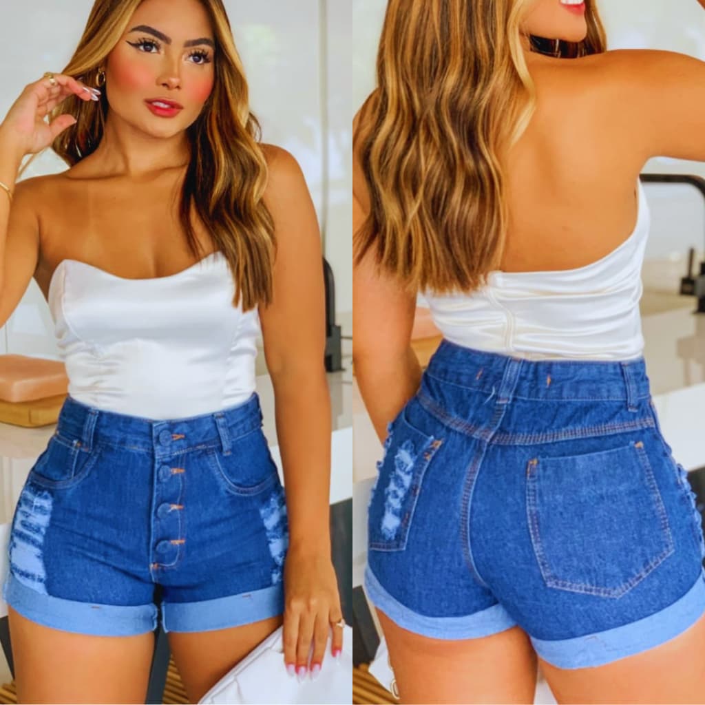 Short Feminino Jeans Short Curto Barra Dobrada  Short Jeans Desfiado Jeans Luxo Cintura Alta