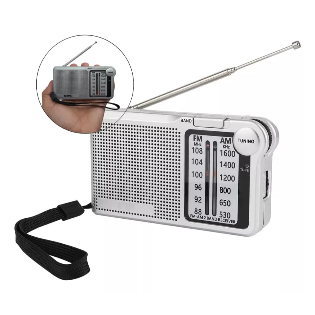Rádio Portátil AM/FM, 2 Bandas, Bateria recarregável, Antena Telescópica, com Alça de Transporte modelo MK13