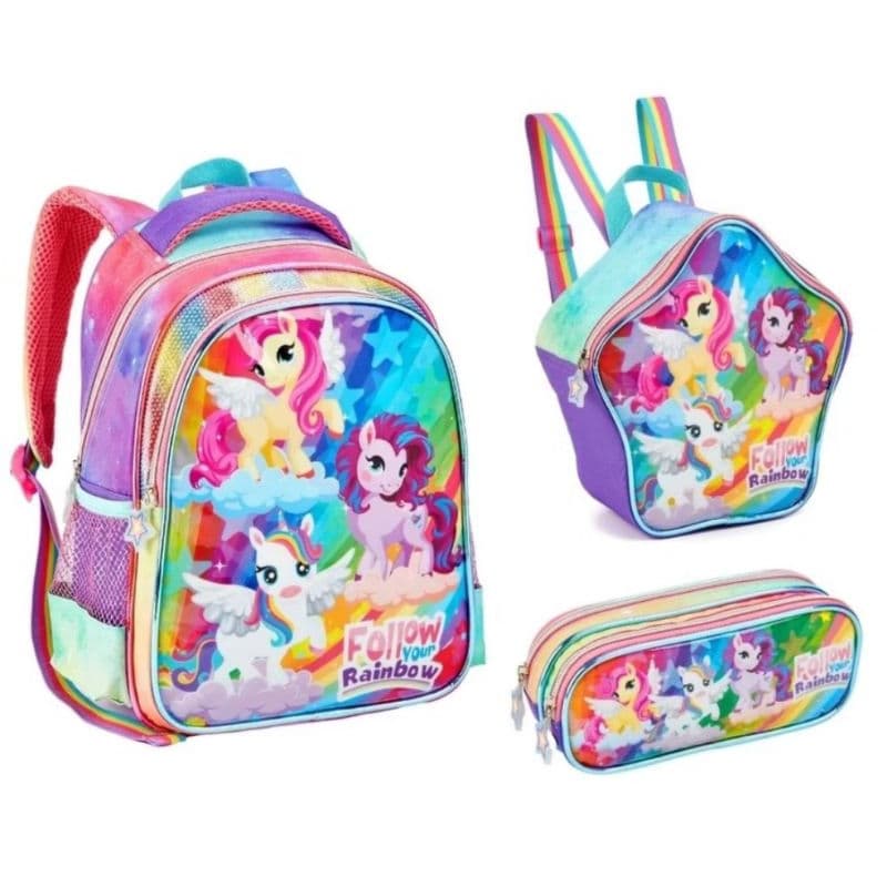 Kit Mochila Lancheira e Estojo Escolar Infantil Unicórnio Grande e Pequena/MOCHILA UNICÓRNIO DENLEX/MOCHILA PARA MENINA