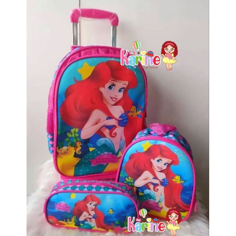 KIT MOCHILA ESCOLAR INFANTIL SEREIA ARIEL COM RODINHAS/MOCHILA LANCHEIRA TÉRMICA ESTOJO/MOCHILA PARA MENINA/SEREIA ARIEL