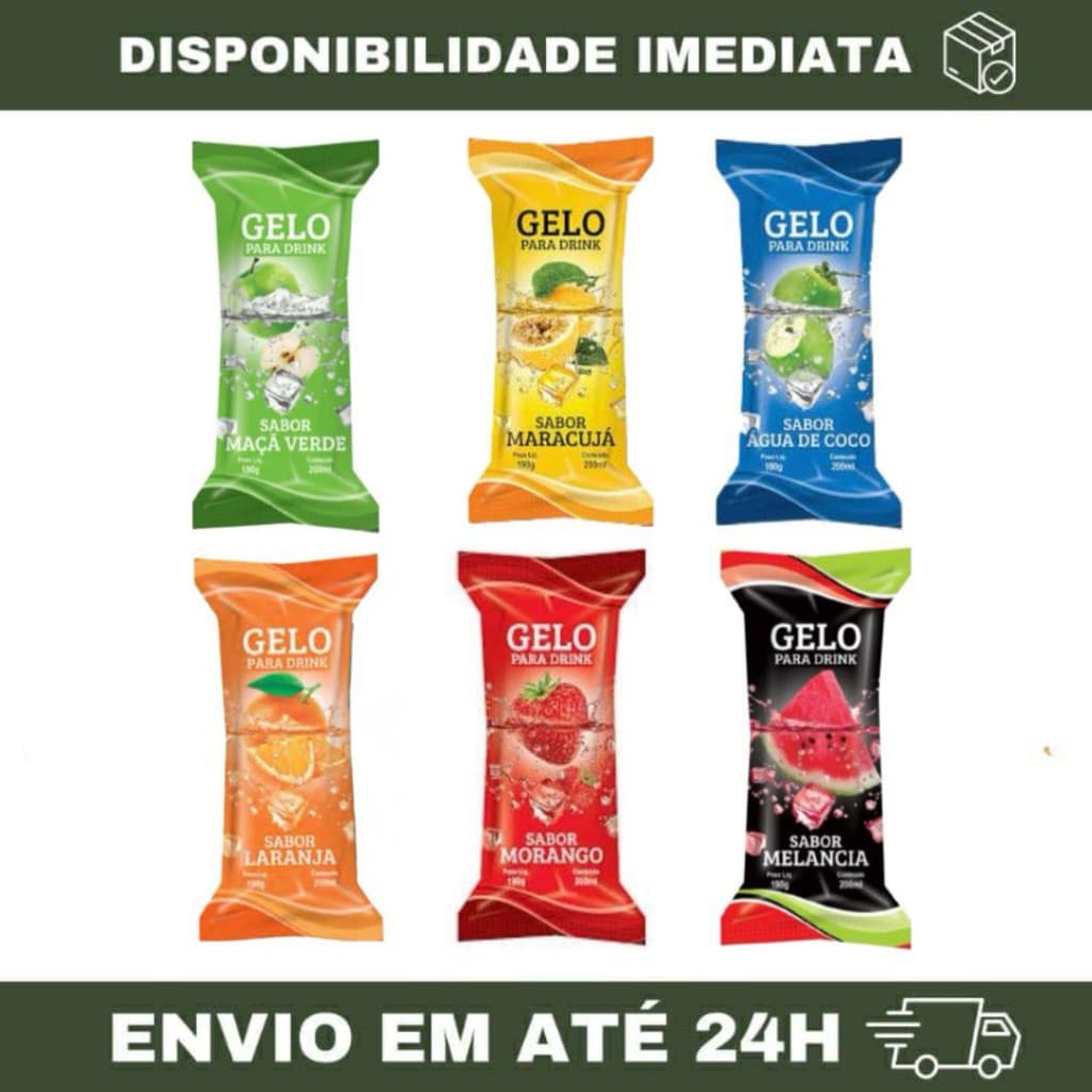 06 PACOTES Embalagem para Gelo Saborizado (1200 Embalagens) Bopp 9,5x21 Saco Higienico Externo Escolha o Modelo no chat