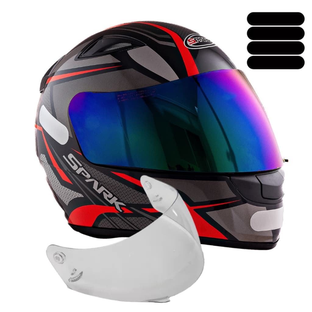 Capacete Masculino Moto Ebf Spider Preto Vermelho Com Viseira Camaleão E Adesivo Preto