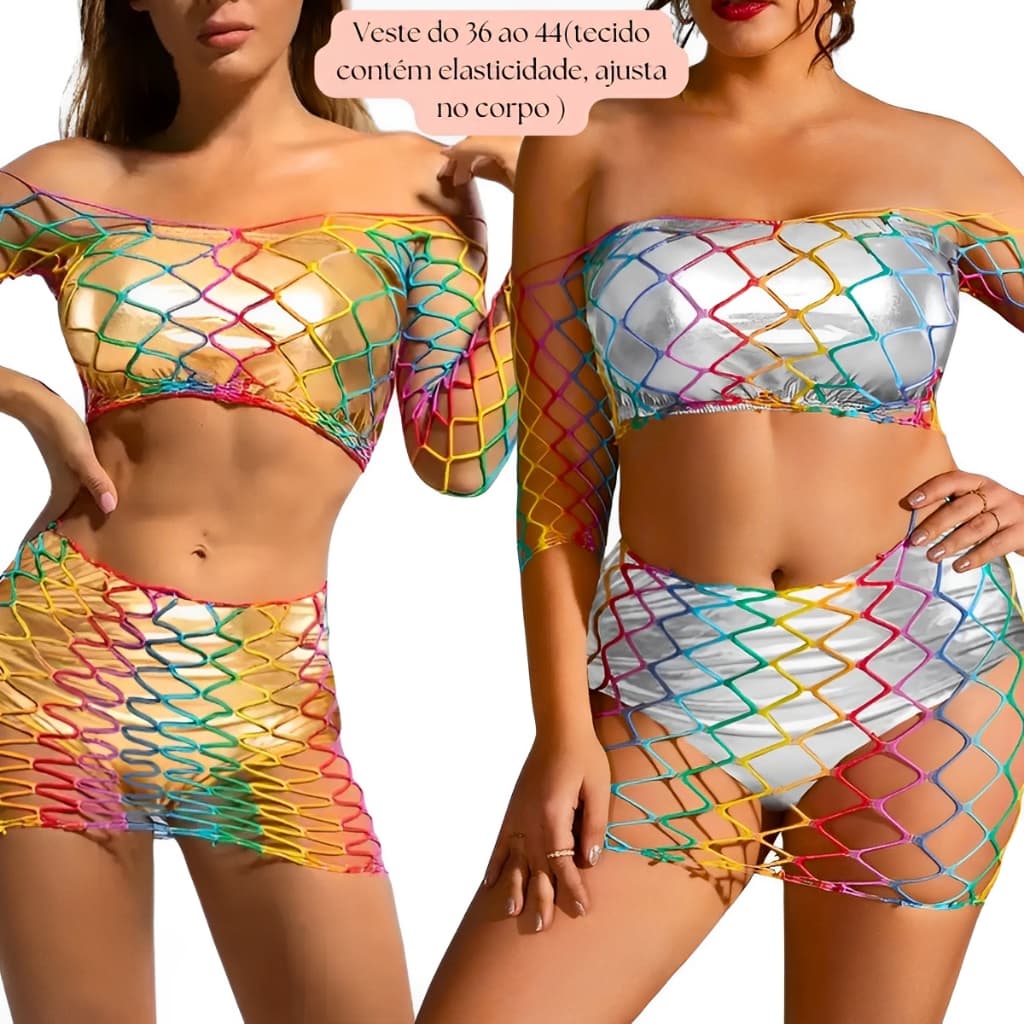 Conjunto Arrastão Colorido Carnaval Fantasia Saia Moda Look Transparente Bloquinho 2025 Festa Manga