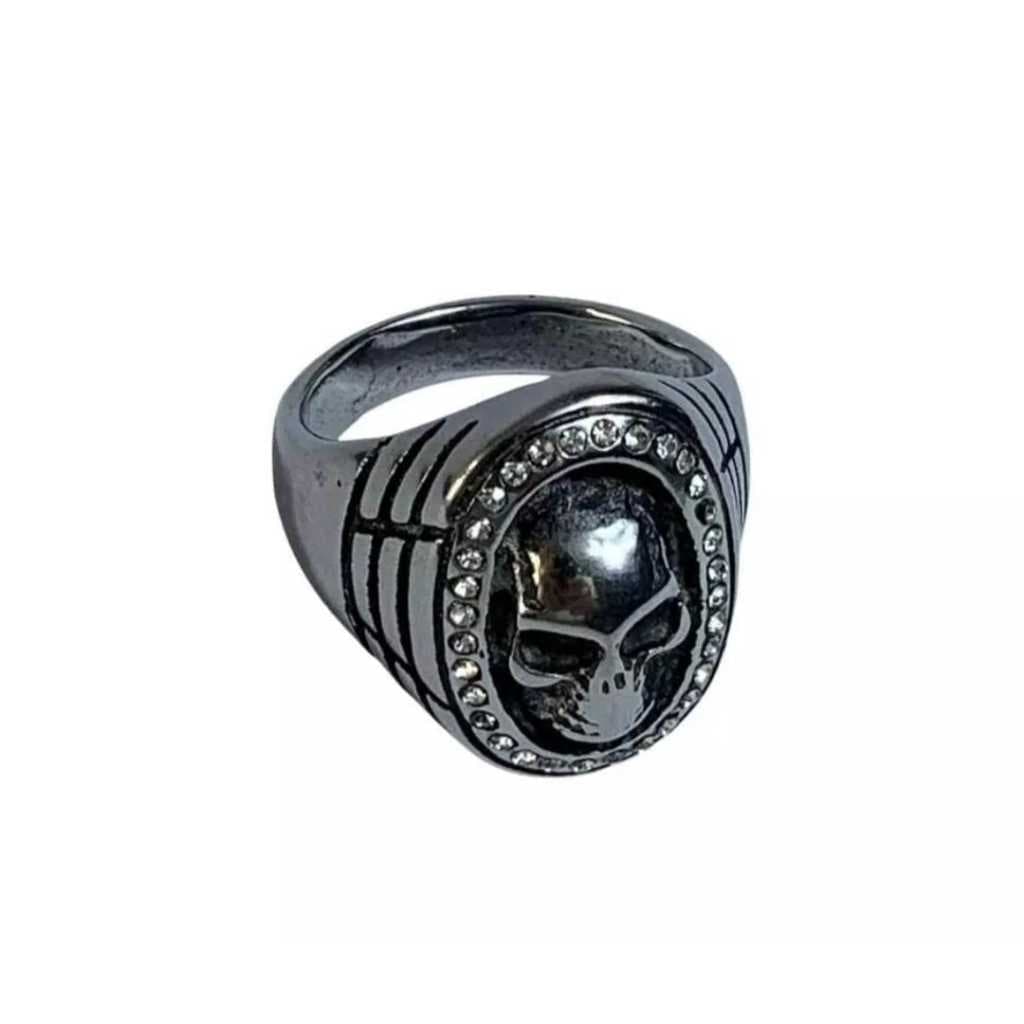 Anel  Prateado Caveira Oval Com Strass aço inox