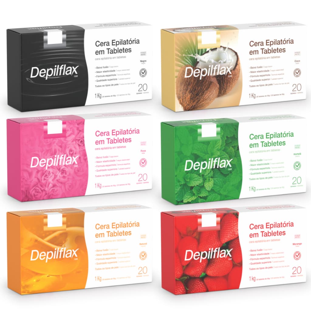 Cera Quente Depilatória 20 Tabletes Fragrância Natural Coco Negra Hortelã Rosa Morango Depilflax 1Kg