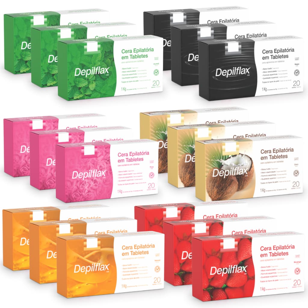 Kit 3 Caixas Cera Quente Depilatória Espanhola Natural Coco Negra Hortelã Rosa Morango Depilflax 3Kg