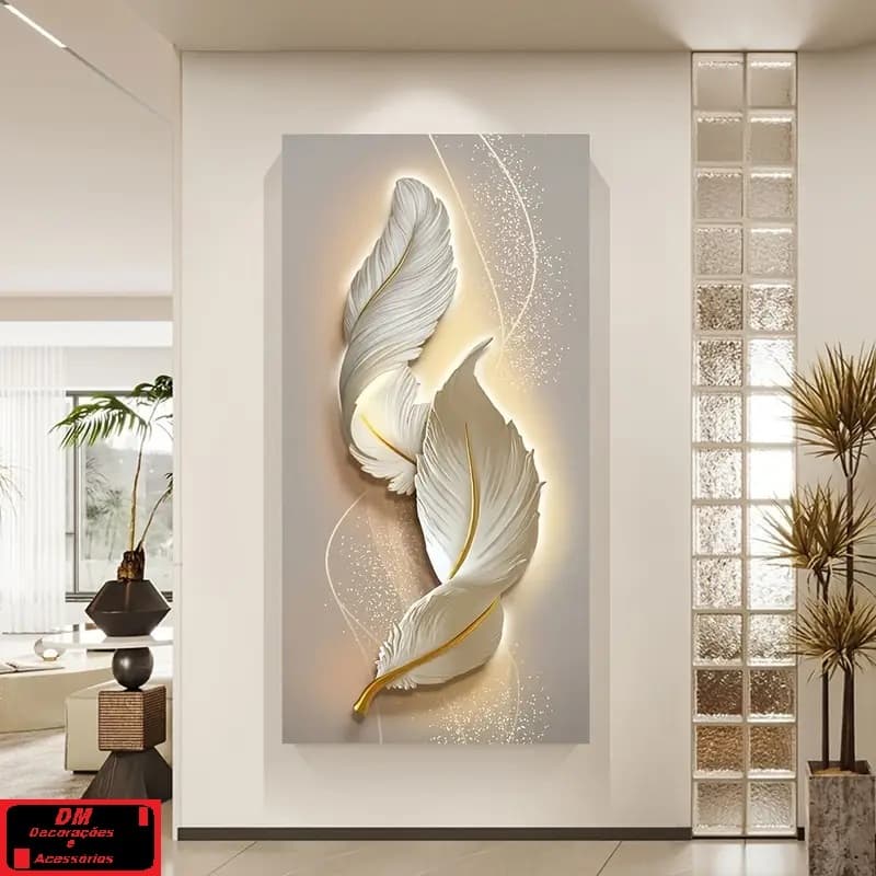 Quadro Decorativo Penas Branca Dourada Golg Luxo para Sala Painél Único 110x80