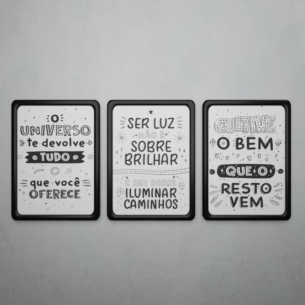 Kit de 3 Quadros Decorativos Com Moldura tamanho 30x20cm - Frases Motivacionais