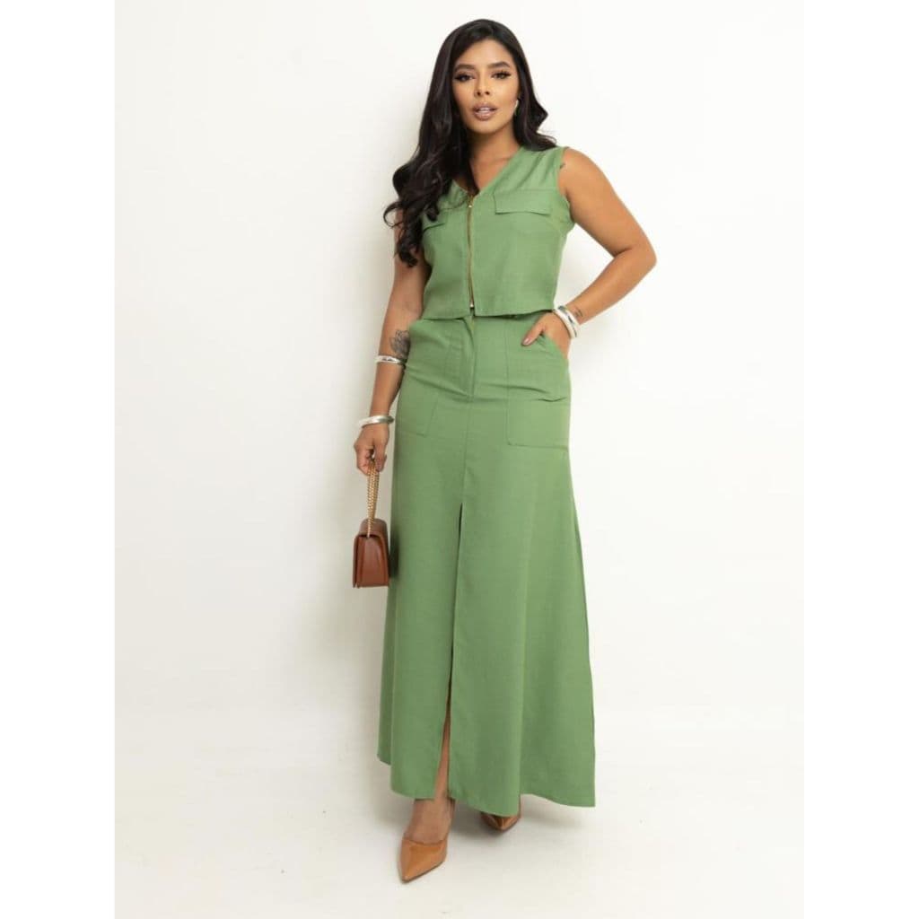 Conjunto Feminino Cropped Zíper Frontal e Saia Longa Fenda W2
