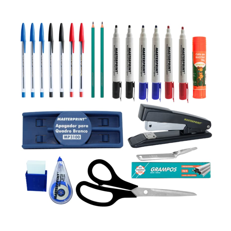 kit 23 Itens Professor Material Escolar apagador caneta pincel de quadro Branco grampeador corretivo grampo tesoura cola
