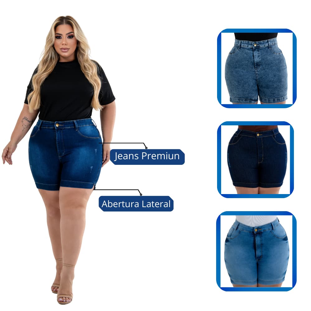 Short Jeans Curto Feminino Para o Carnaval Escura Bermuda Plus Size Cintura Alta Levanta Bumbum Curve Premier