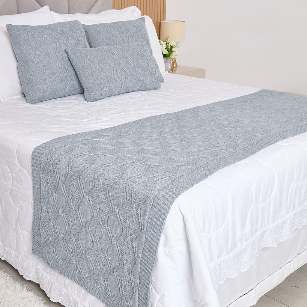 Kit Peseira Manta Tricot Cama Casal King Aran + 3 Capas Almofadas