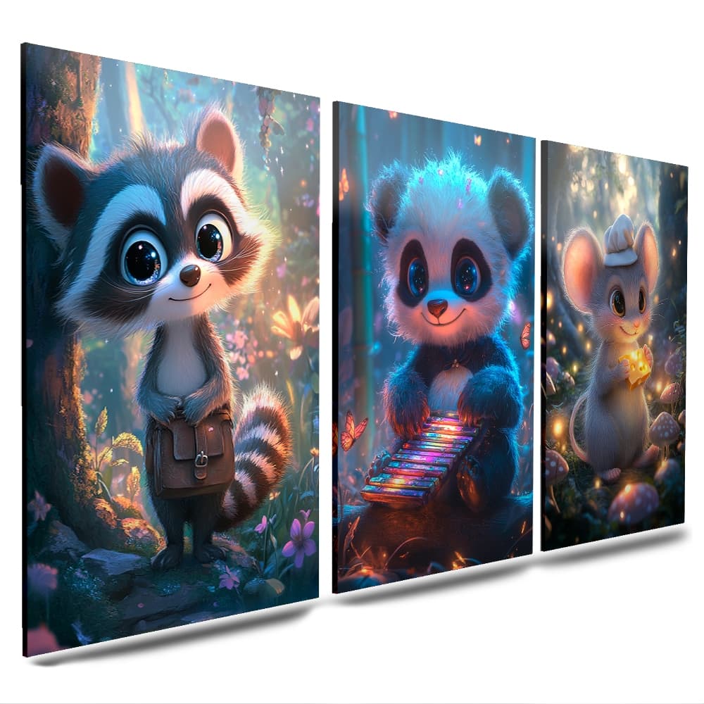 QUADROS DECORATIVOS CRIANÇAS MDF 3 PEÇAS URSO MUSICAS ANIMAIS