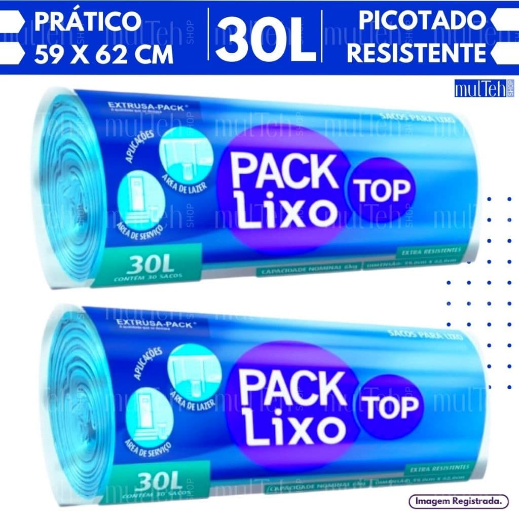 Saco de Lixo Azul Em Rolo 30L Litros Econômico Resistente e Reforçado Kit PackLixo