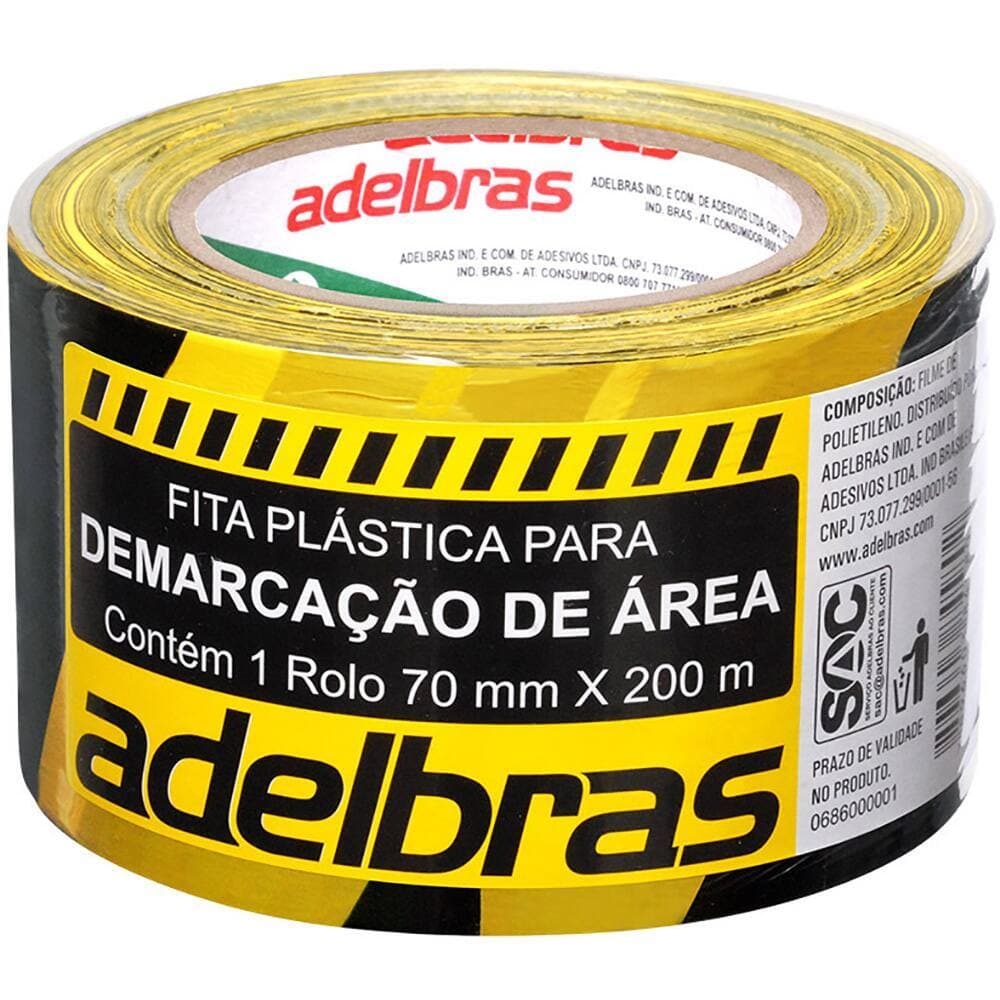 Fita Plástica Zebrada Demarcação de Área 70mm x 200m Adelbras Preto e Amarelo