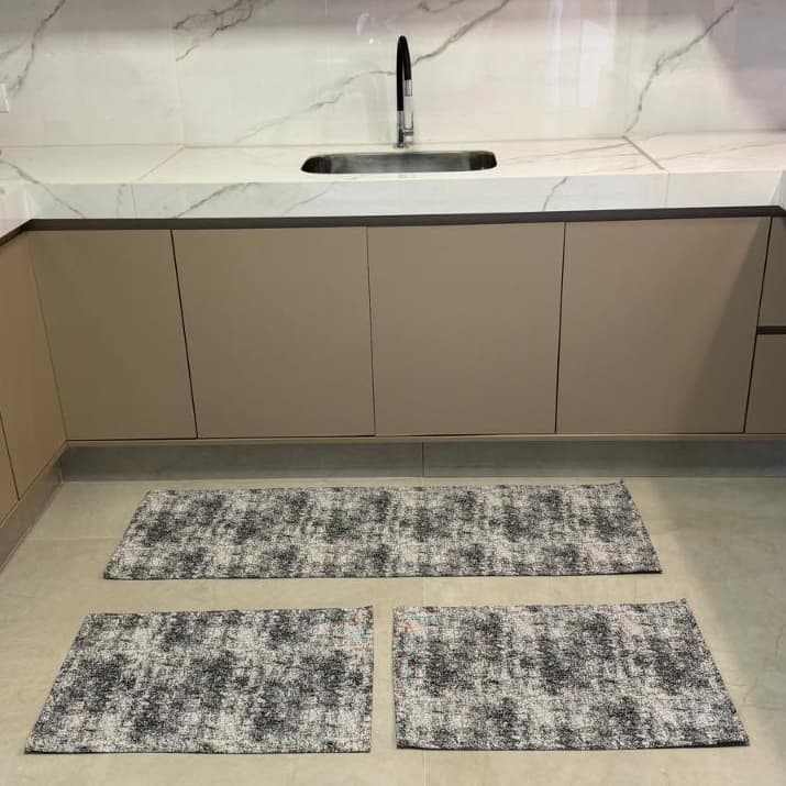 Kit Tapete Passadeira 3 Peças de Cozinha Antiderrapante Geométrica Emborachado Com Bainha