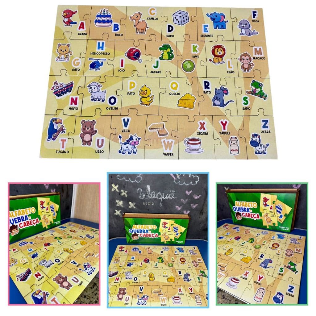 Quebra-Cabeça Alfabeto 26 Peças Madeira MDF Alfabetizando Brinquedo Educativo Com Caixinha