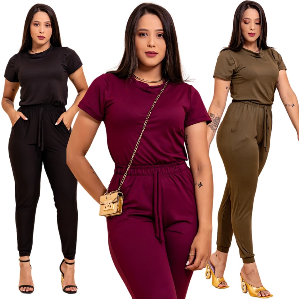 Kit 3 Conjunto Feminino Suede Calça Jogger Skinny e Blusa Blusinha Camiseta Manga Curta
