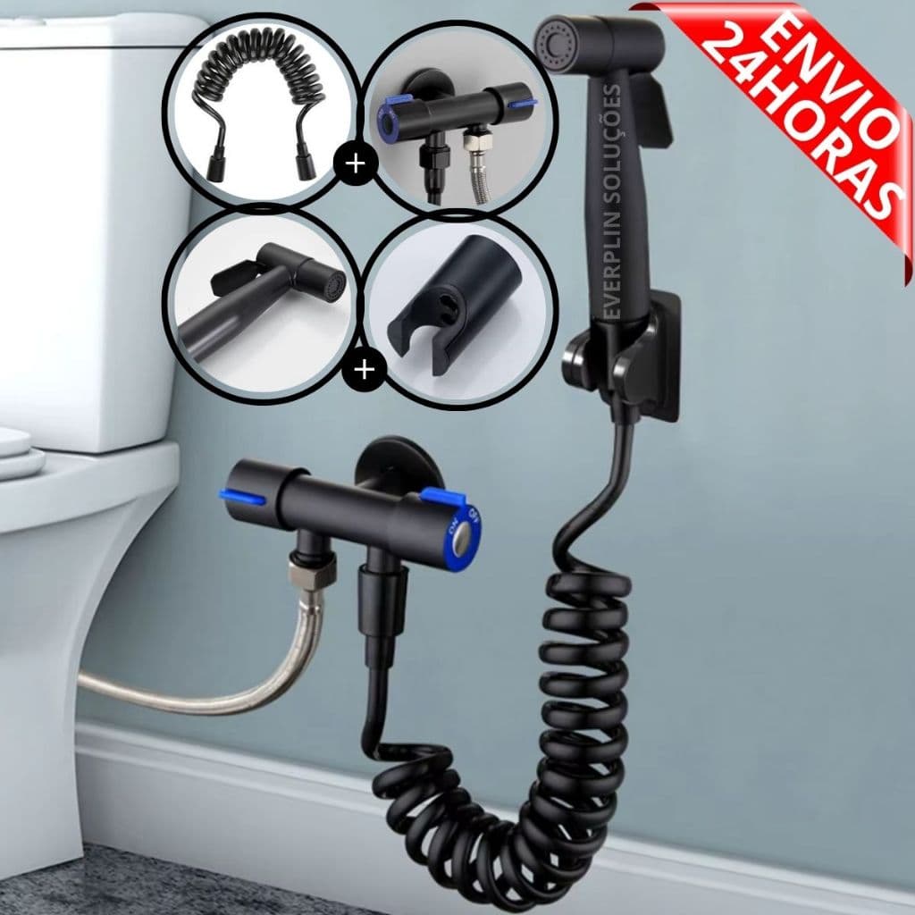 Kit Ducha Higiênica Com Registro Torneira Dupla em Aço Inox 304 Aço Escovado Banheiro Lavabo-PRETO