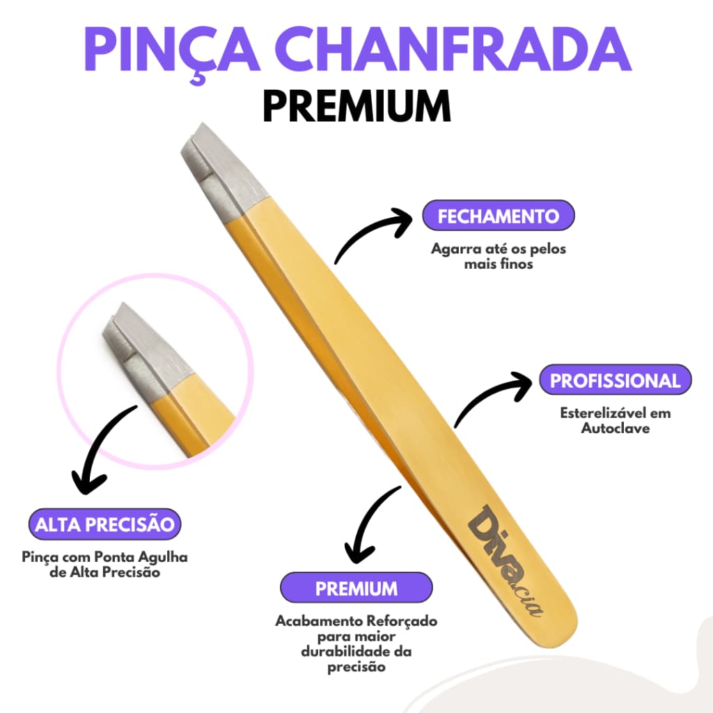 Pinça para Sobrancelhas Chanfrada Profissional de Alta Precisão Autoclavável Design de Sobrancelhas