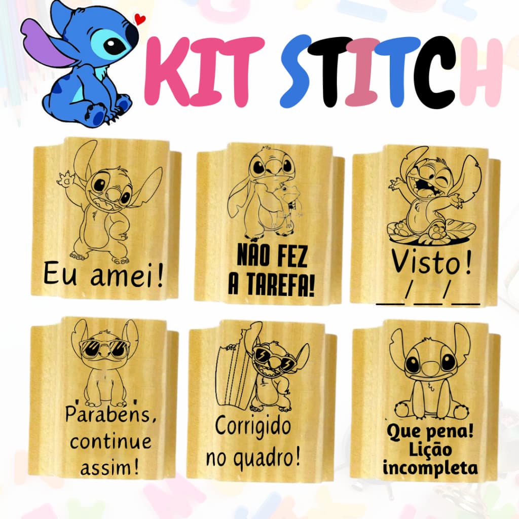 Kit Carimbos Pedagógicos STITCH 3x2cm para Professora e Educadores