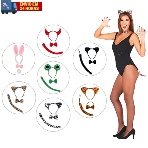 Kit 3 Peças Tiara Orelha Rabinho e Gravata Animais Diabinho Gatinha Para Carnaval Cosplay Festa