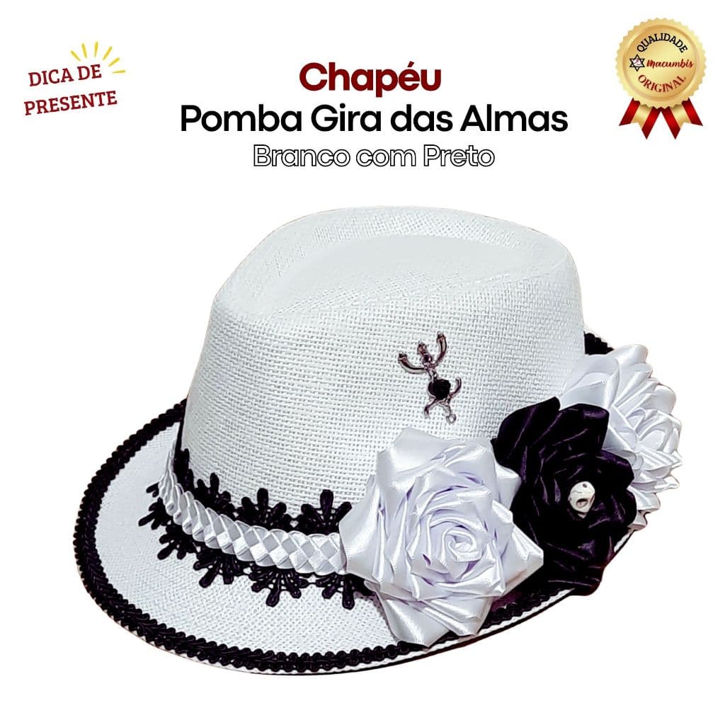 Chapeu Pomba Gira das Almas Branco Rosas Branca e Preta Caveira Tridente Decorado Umbanda Candomble