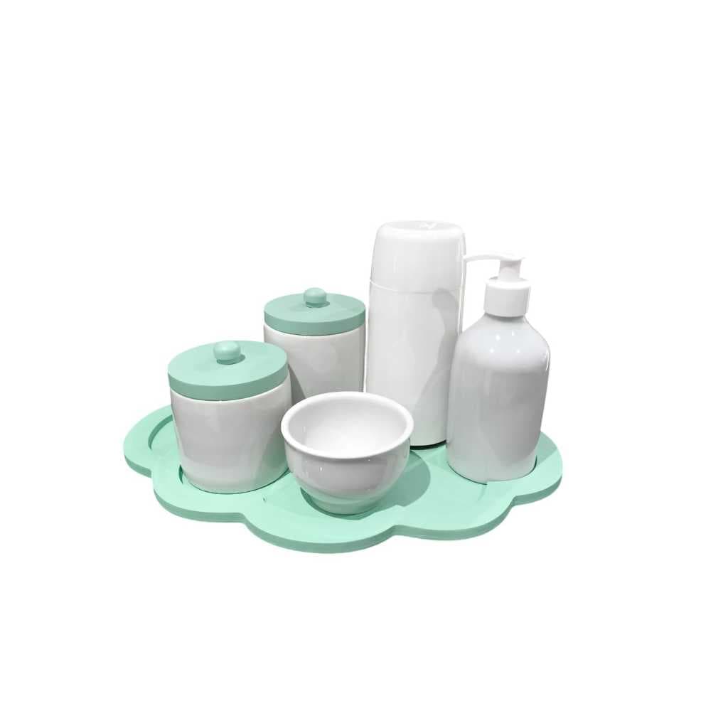 Kit Higiene bebê porcelana menino bandeja e tampa mdf verde completo garrafinha térmica 250 ml saboneteira liquida