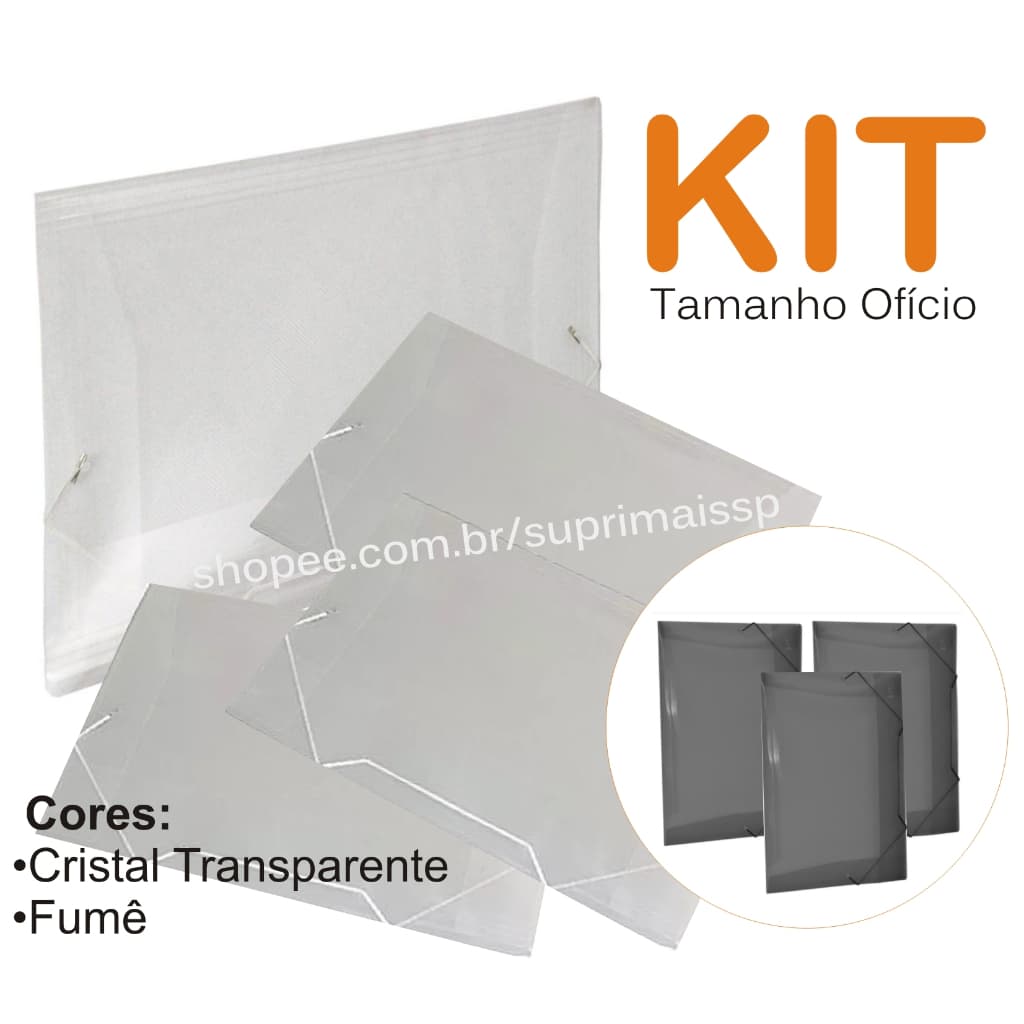 Pasta com Elástico Ofício A4 Cristal Transparente ou Cor Fumê Pasta Fina - Pasta Aba Kit 2 ou 3 unid