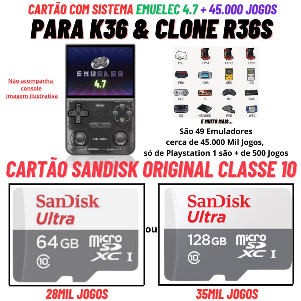 Cartão Original para K36 e Clone R36s com Sistema Atualizado e Jogos Cartão Sandisk Original Classe 10 100% Original