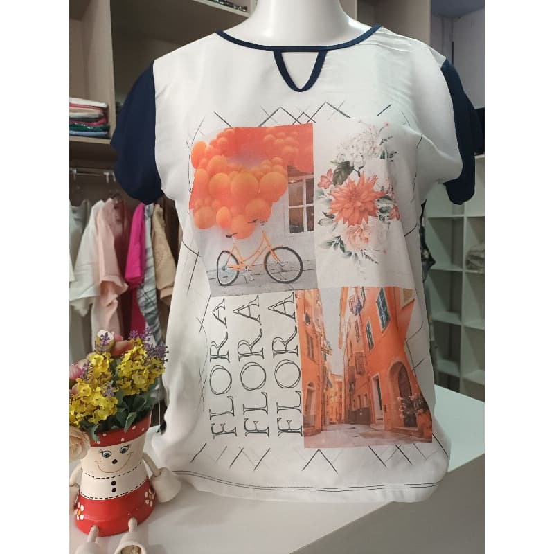 Blusa Feminina Plus Size Seda Malha Manga Curta Detalhe na Gola Comprida Veste 46/48