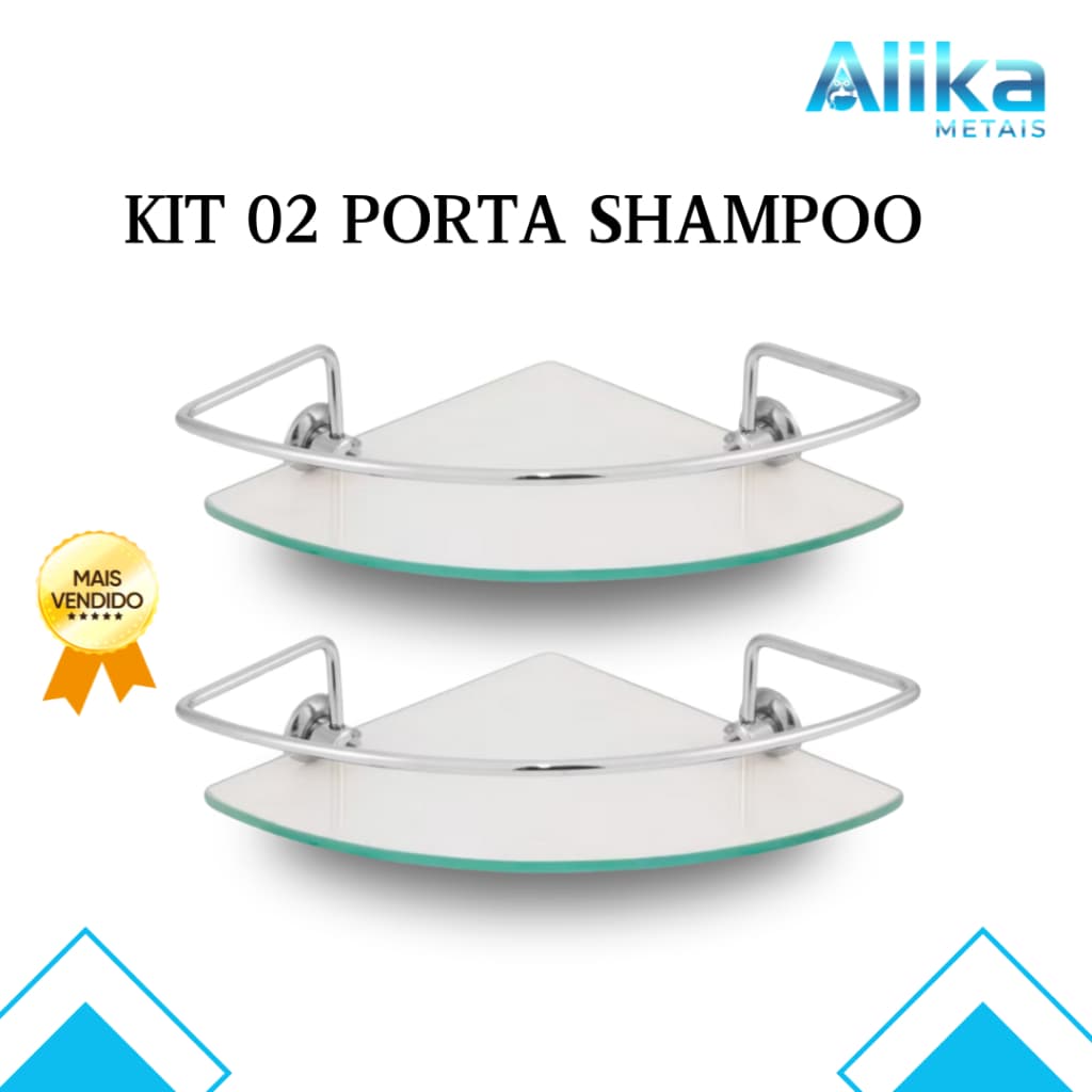 Kit Com 2  Prateleiras Porta Shampoo Canto, Vidro Encolor e Haste em Alumínio Para Banheiro Lavabo e Lavanderia