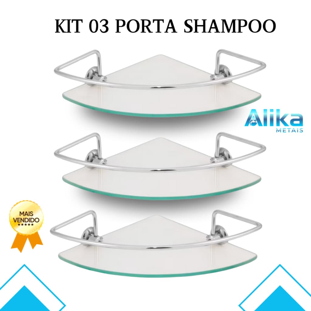 Kit Com 03 Porta Shampoo Suporte De Banheiro Canto Vidro 6mm Incolor
