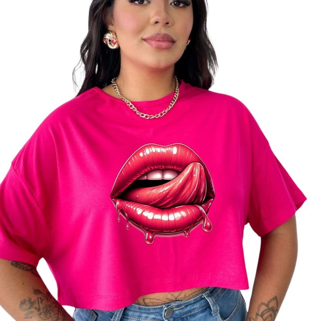 Cropped feminino camiseta Blusa boca vermelha T-shirt