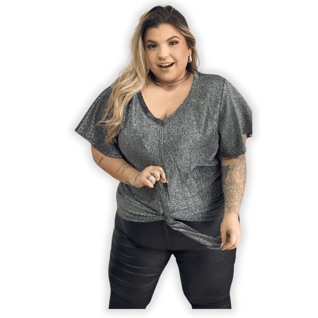 Blusa Feminina Amarração Plus Size Lurex Brilho Festa Noite GG G1 G2 G3 G4 Com Elastano Moda Elegante Envio Imediato