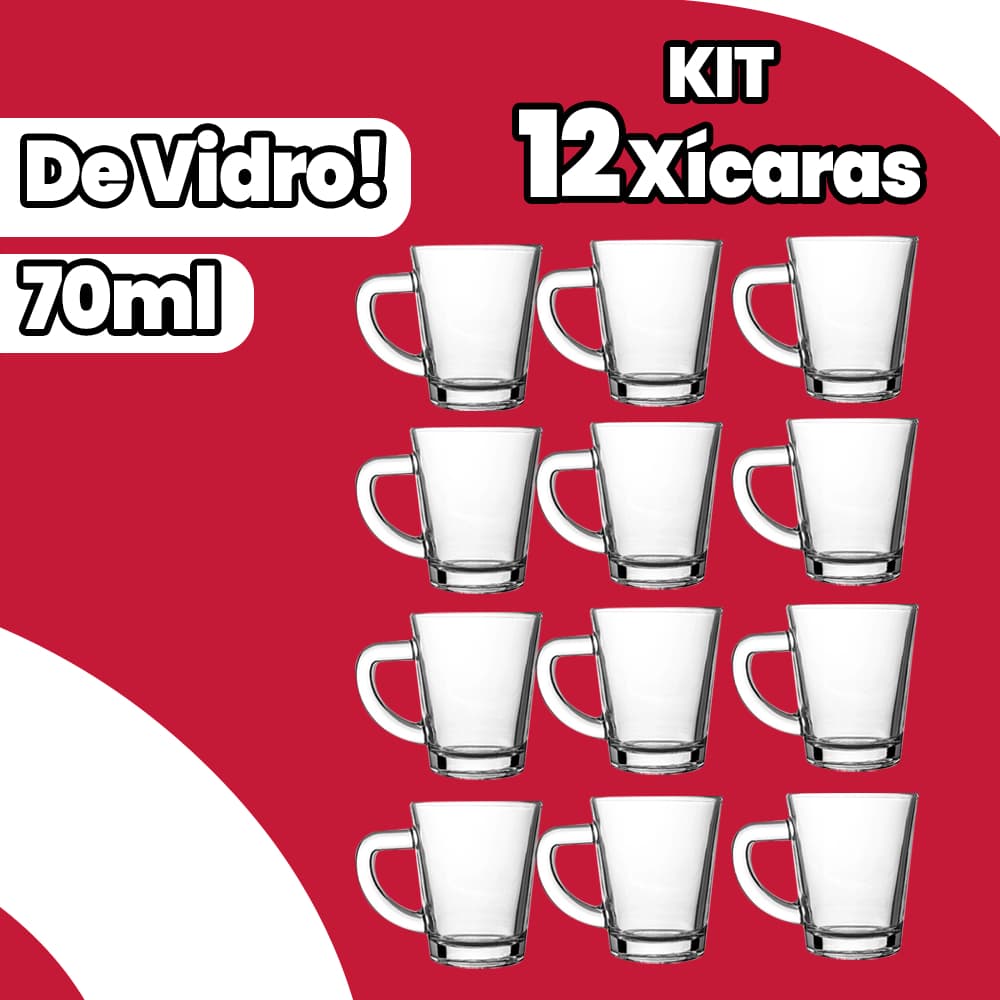 Kit 12 Xícaras de Vidro para Café ou Chá 70ML Premium Resistente Elegante Funcional