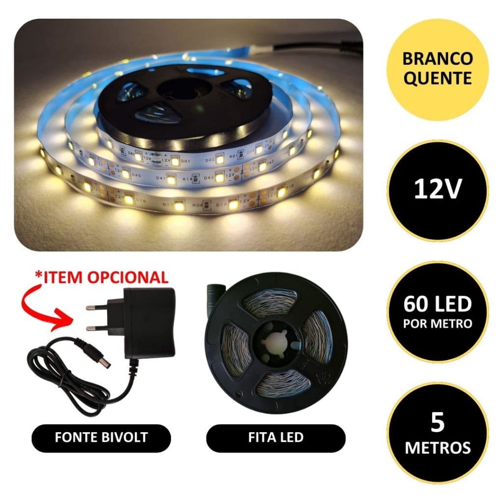 Fita LED 12v 3528 Branco Quente 60 LED/m 5 Metros IP20 Sem Silicone