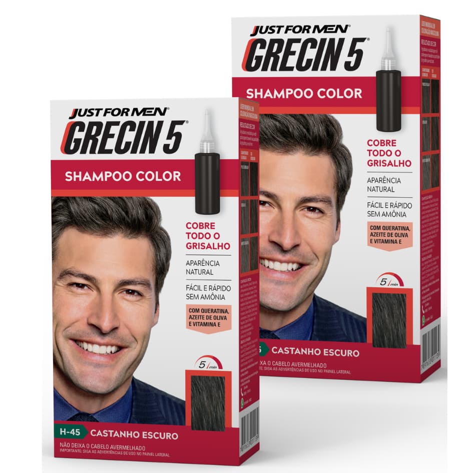 Kit 2x unidades Grecin 5 Shampoo Tintura Tonalizante Castanho Escuro H-45 60ml - Cobre os cabelos grisalhos em 5 minutos