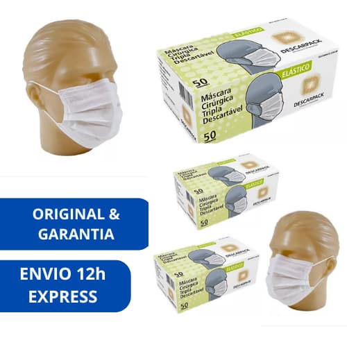 Máscara Cirúrgica Descartável Tripla elástico Branca 50und - Descarpack