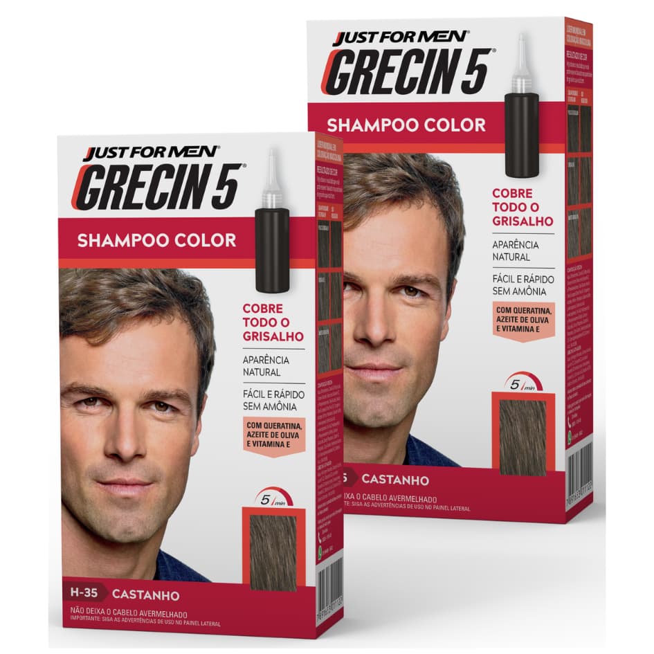Kit 2x unidades - Grecin 5 Shampoo Tintura Tonalizante Castanho H-35 60ml - Cobre os cabelos grisalhos em 5 minutos.