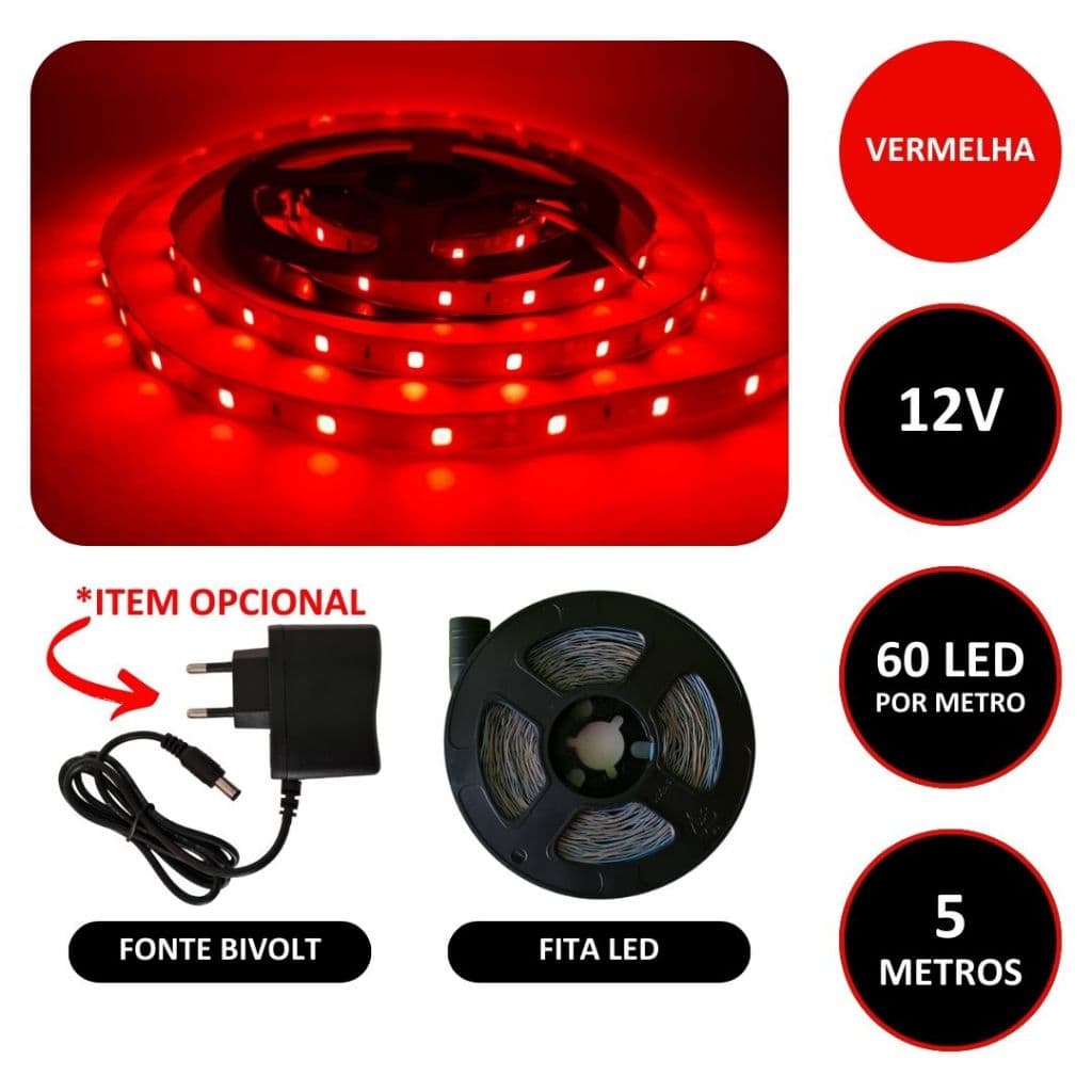 Fita LED 12v 3528 Vermelha 60 LED/m 5 Metros IP20 Sem Silicone