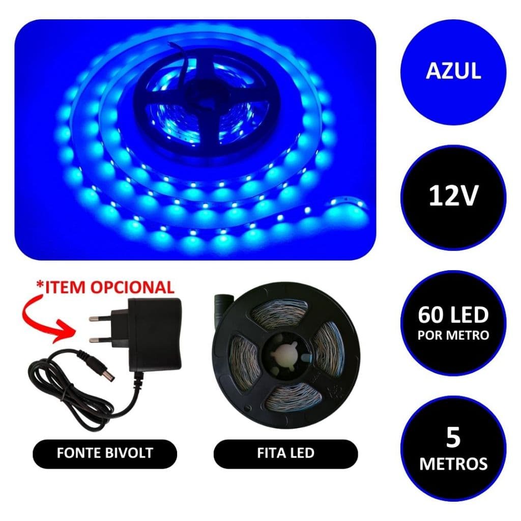 Fita LED 12v 3528 Azul 60 LED/m 5 Metros IP20 Sem Silicone