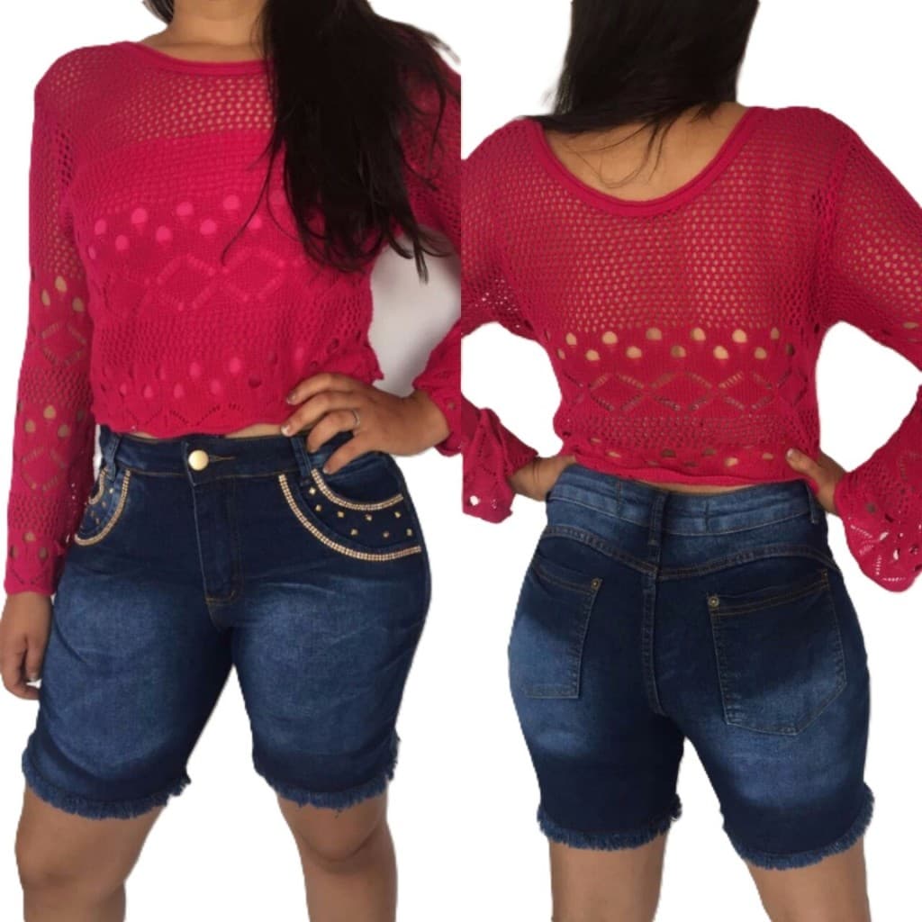 Short Meia Coxa Longo Jeans Escuro Feminino Cintura Média Detalhes com Pedras Lycra SMCJMD04 E-E4P4D